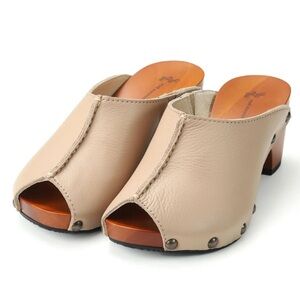 MIZUTORI Natural Style Leather Geta Clog Open Peep-Toe In Cocoa Size M Minimal‎